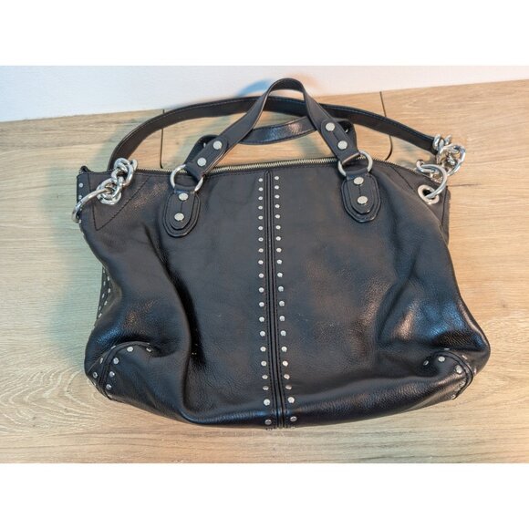 Michael Kors ASTOR Silver Stud Black Leather Bag Satchel Purse Convertible - Picture 4 of 6
